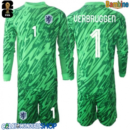Maglie da calcio Paesi Bassi Bart Verbruggen #1 Portiere Seconda Maglia Bambino Mondiali 2026  Manica Lunga + Pantaloni corti)